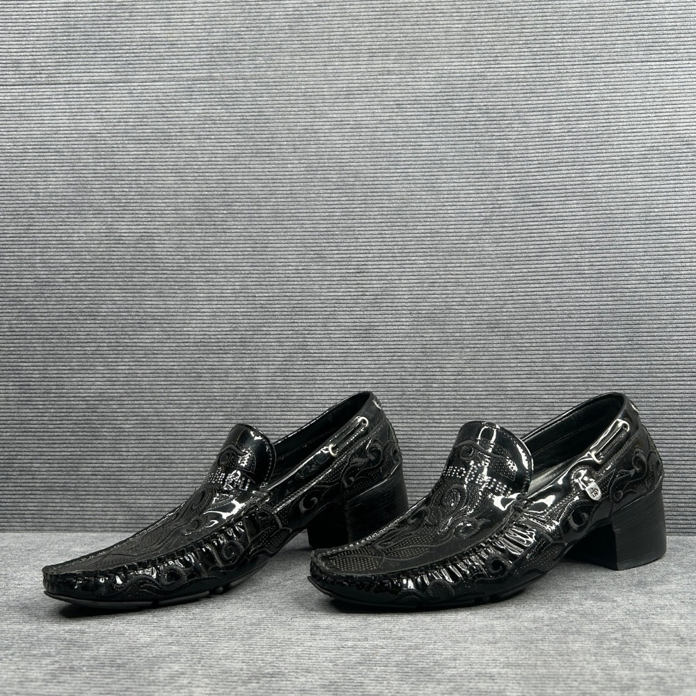 Mario Bruni Black Patent Leather Embroidered Block Heel Loafers  Italy Y2k - Picture 3 of 9